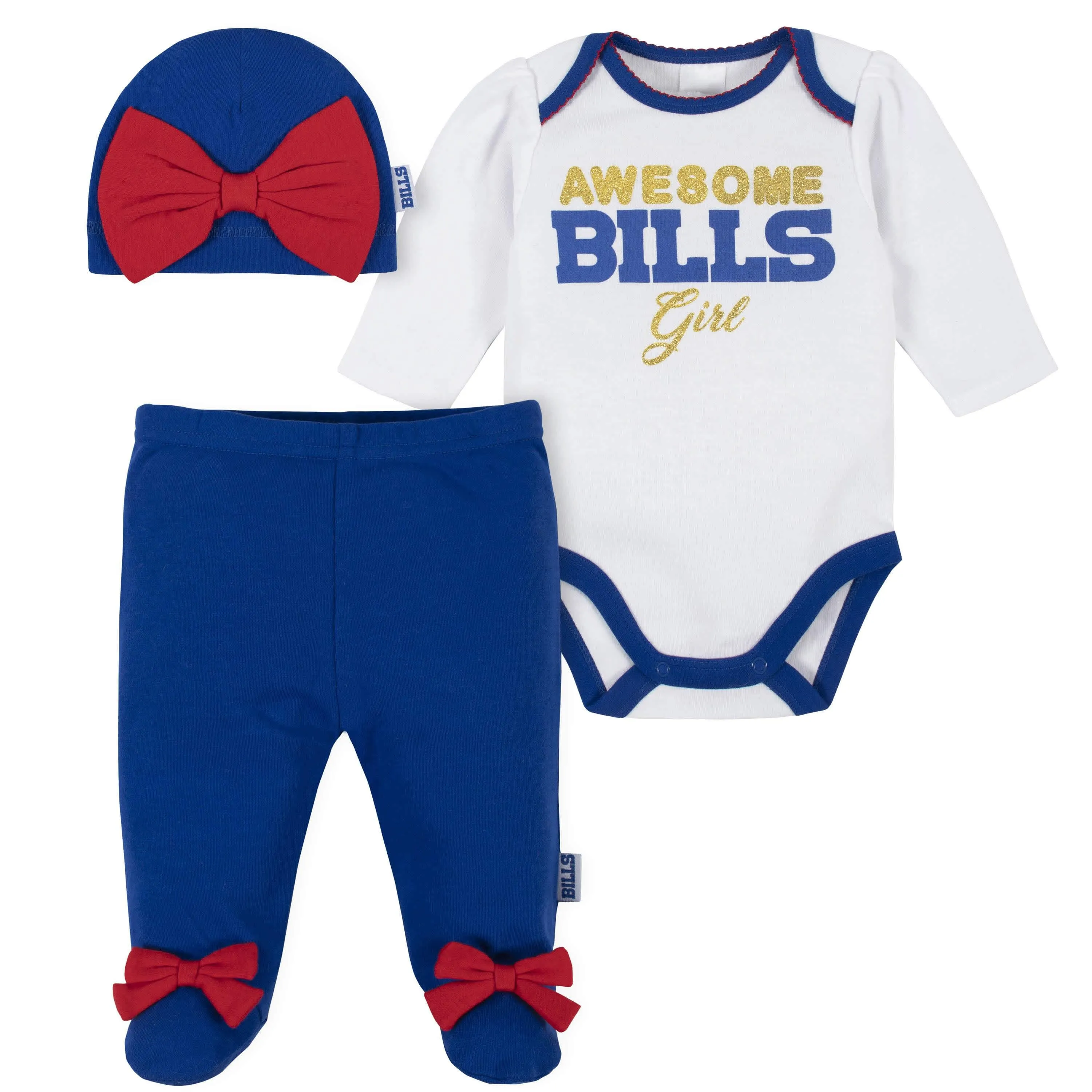 3-Piece Baby Girls Buffalo Bills Bodysuit, Footed Pant, and Cap Set