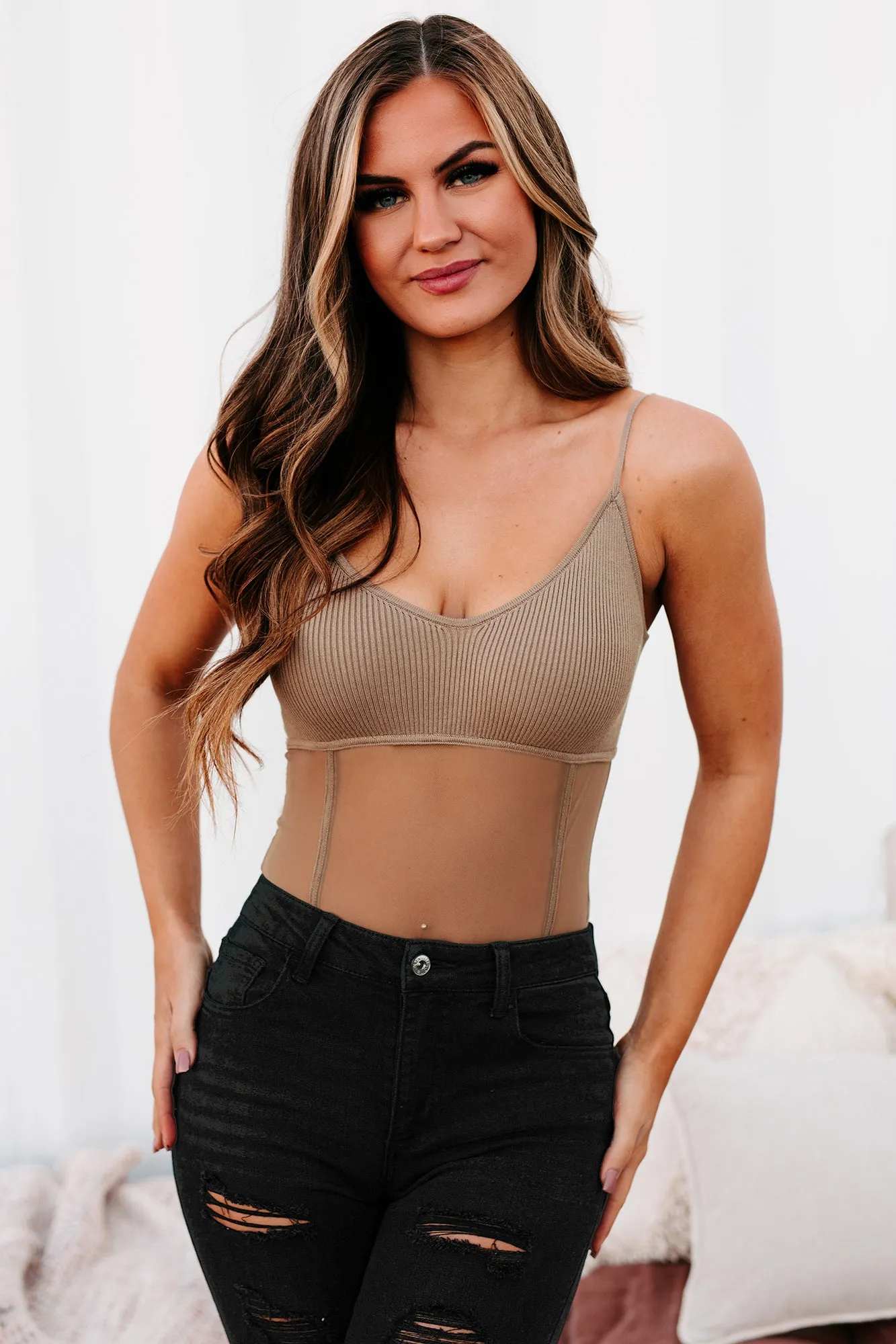 A Hot Mesh Knit/Mesh Bodysuit (Mocha)