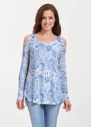 Aquatic Floral Blue (7619) ~ Cold Shoulder Tunic