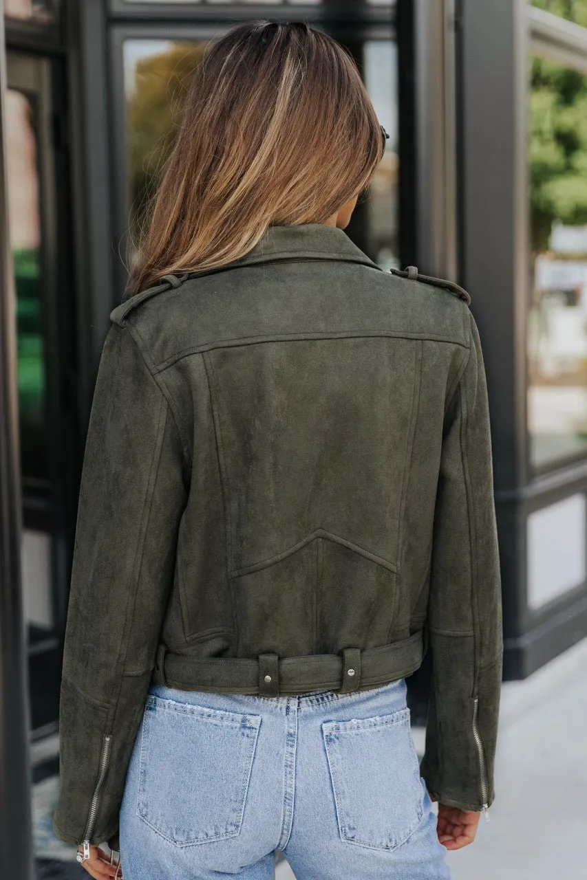 Audrey Olive Green Vegan Suede Moto Jacket