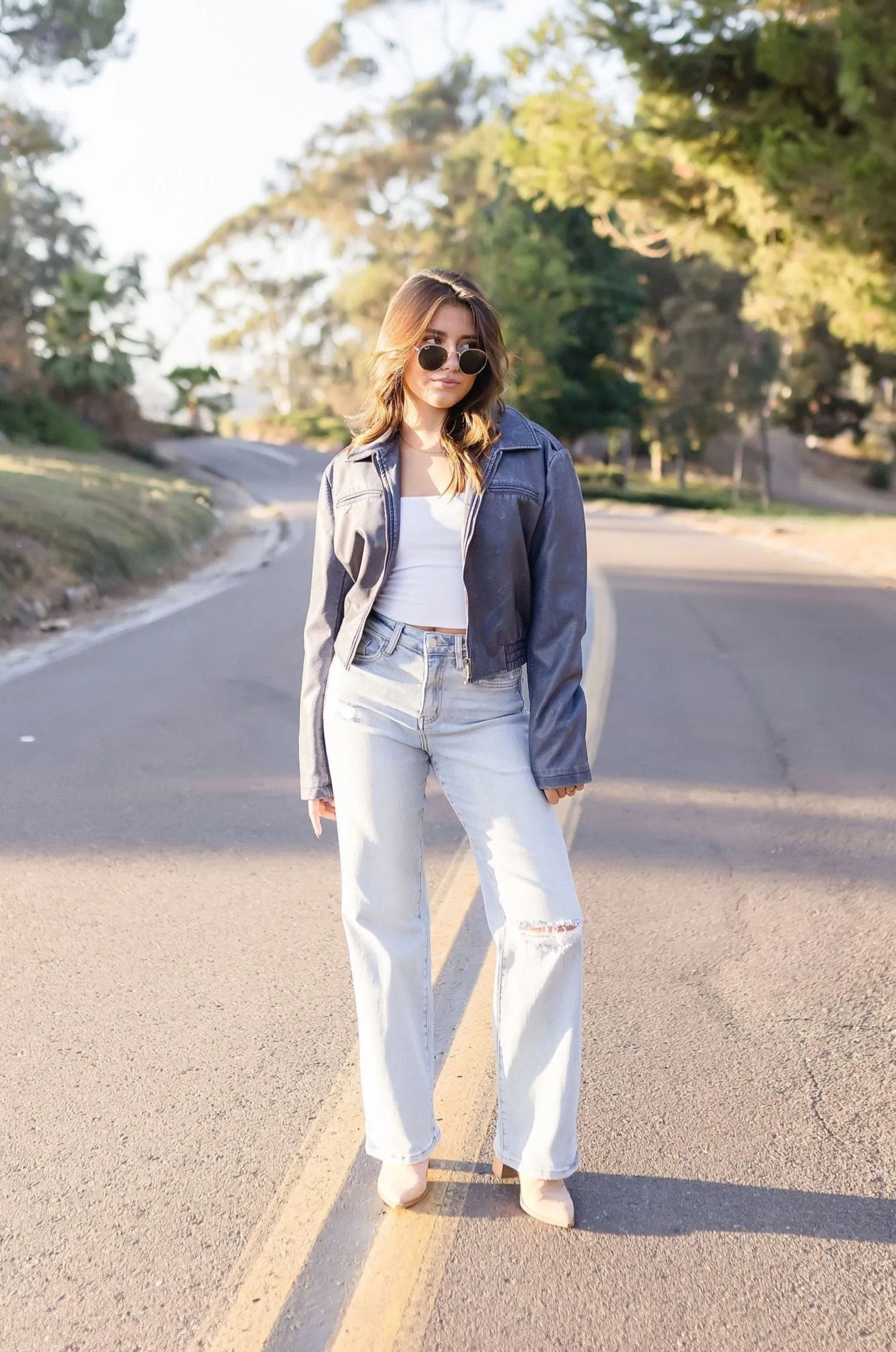 Avery Vegan Leather Cropped Bomber Jacket Navy