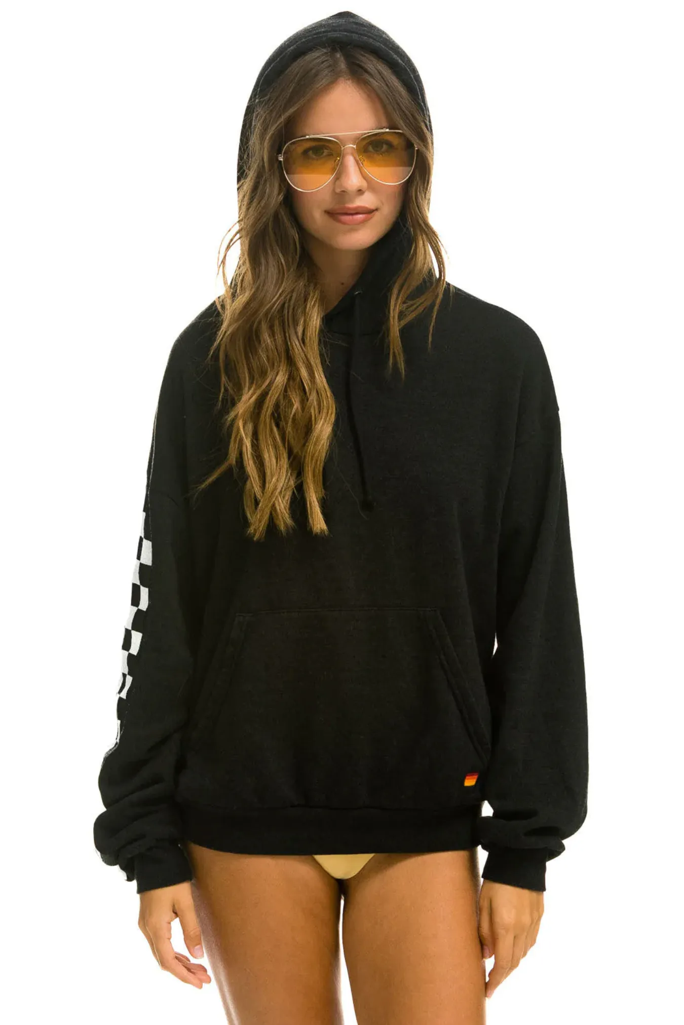 Aviator Nation RELAXED CHECK SLEEVE UP WITH CCc CC PULLOVER UNISEX HOODIE - BLACK