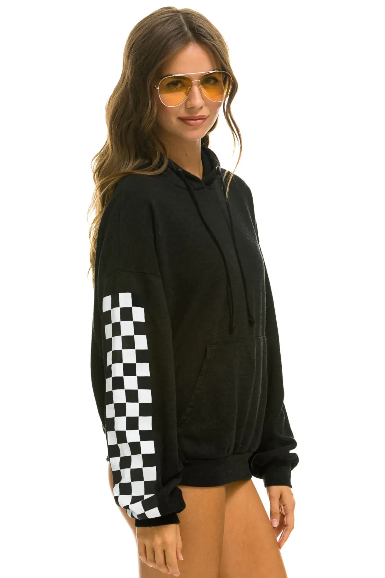 Aviator Nation RELAXED CHECK SLEEVE UP WITH CCc CC PULLOVER UNISEX HOODIE - BLACK