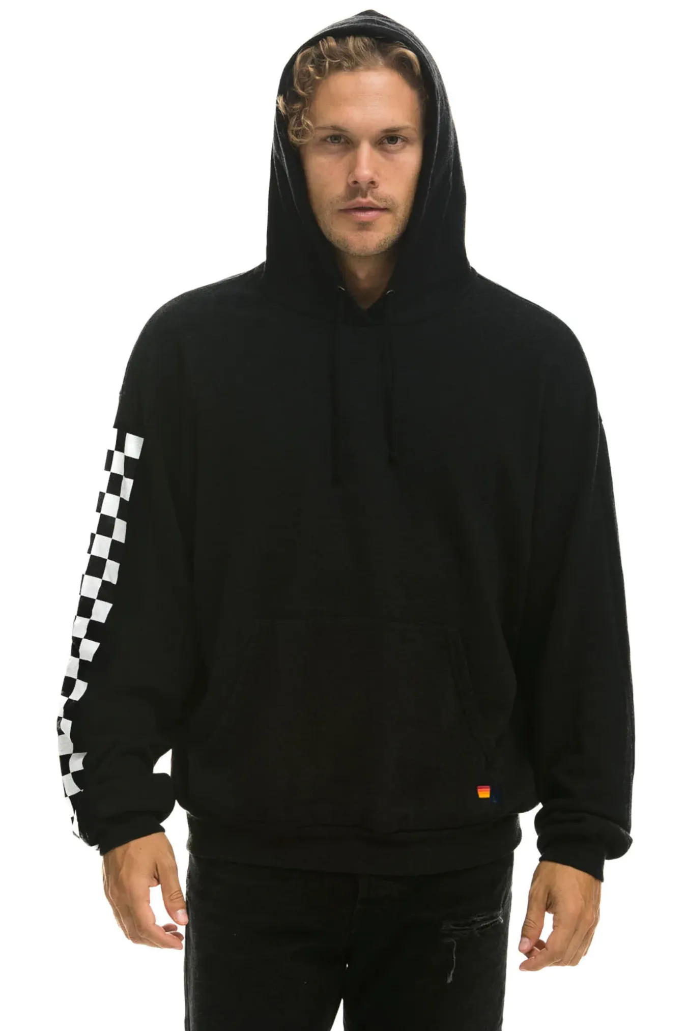 Aviator Nation RELAXED CHECK SLEEVE UP WITH CCc CC PULLOVER UNISEX HOODIE - BLACK