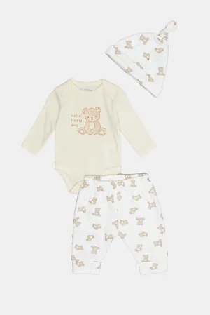 Babies White And Beige Printed Bodysuit Set (3 Piece)