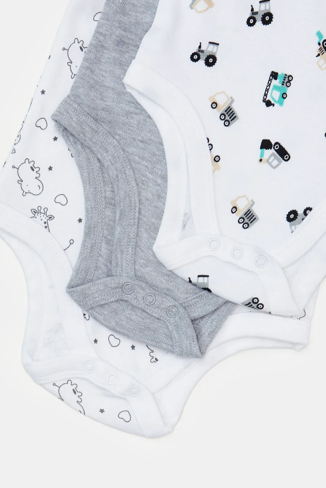 Baby White And Grey Printed Bodysuit Set (Pack Of 3)