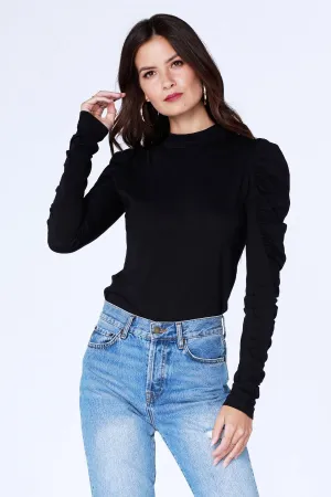 Black Ruched Sleeve Turtleneck Top