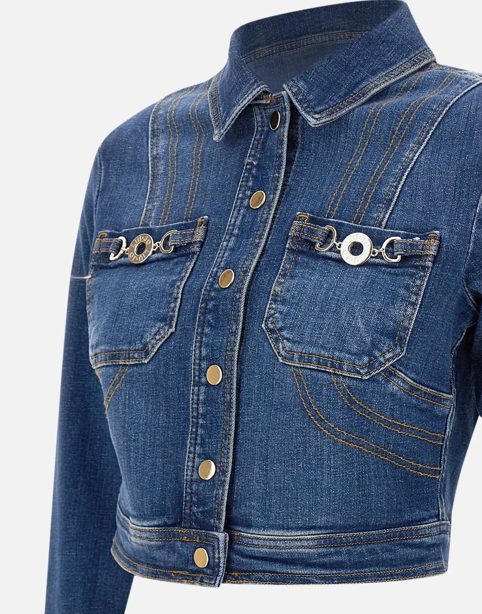 Blue Denim Crop Jacket with Gold Buttons