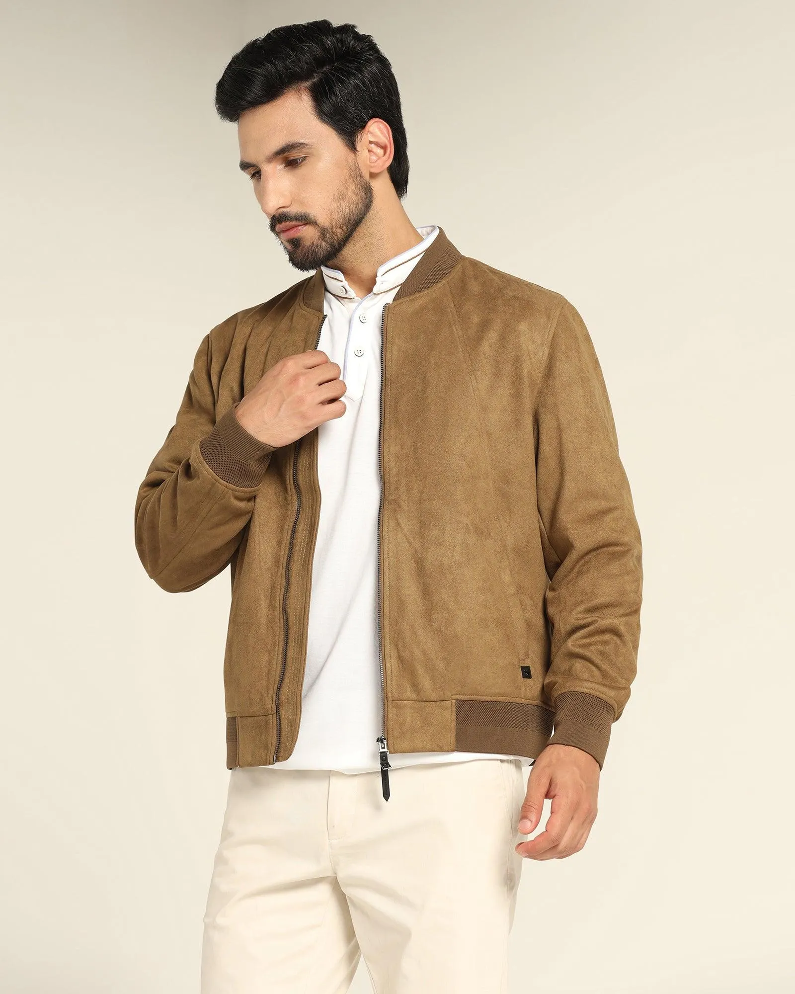 Bomber Tan Solid Zipper Jacket - Raul