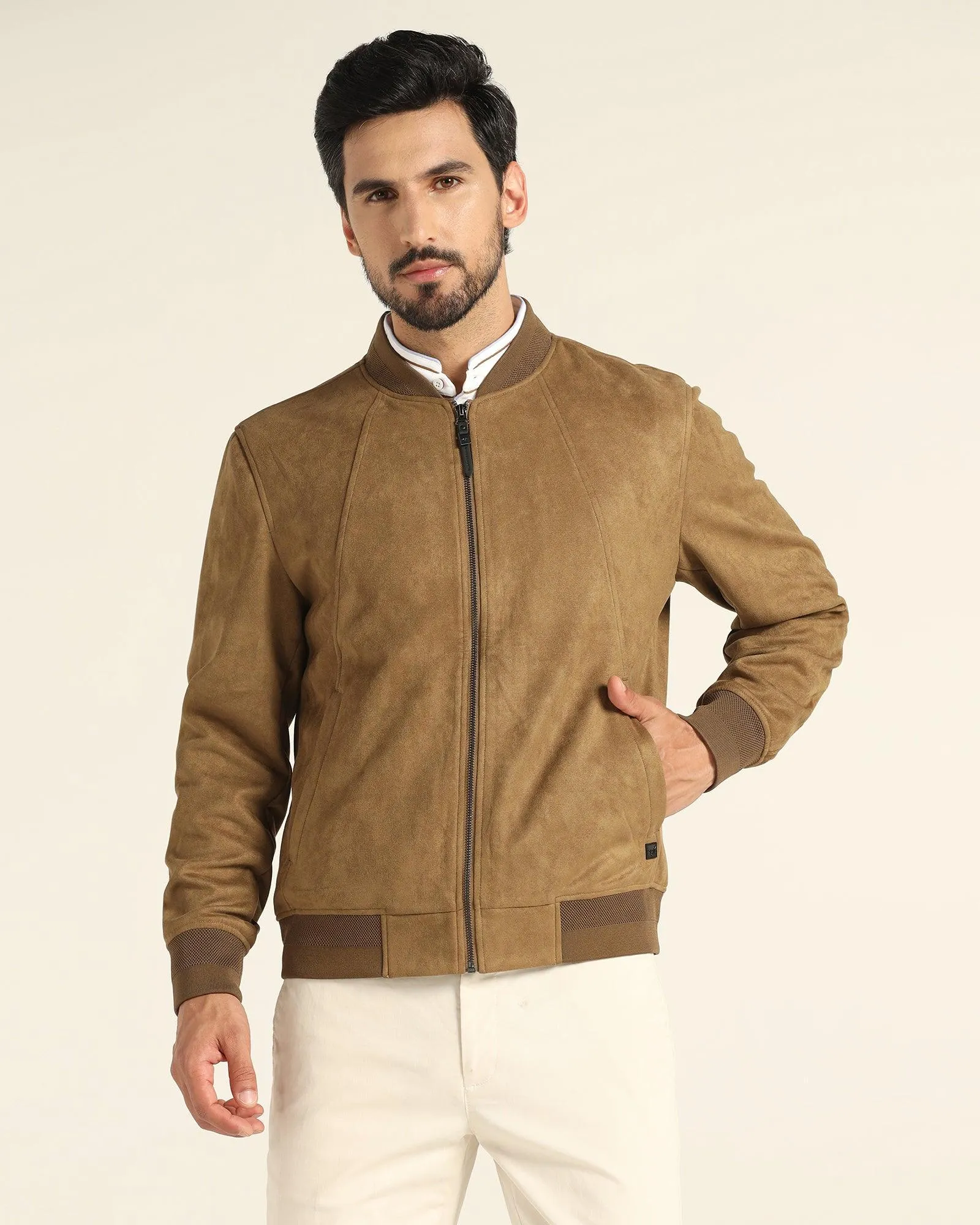 Bomber Tan Solid Zipper Jacket - Raul