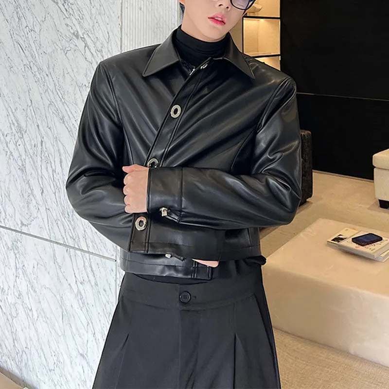 Button Cropped PU Leather Jacket