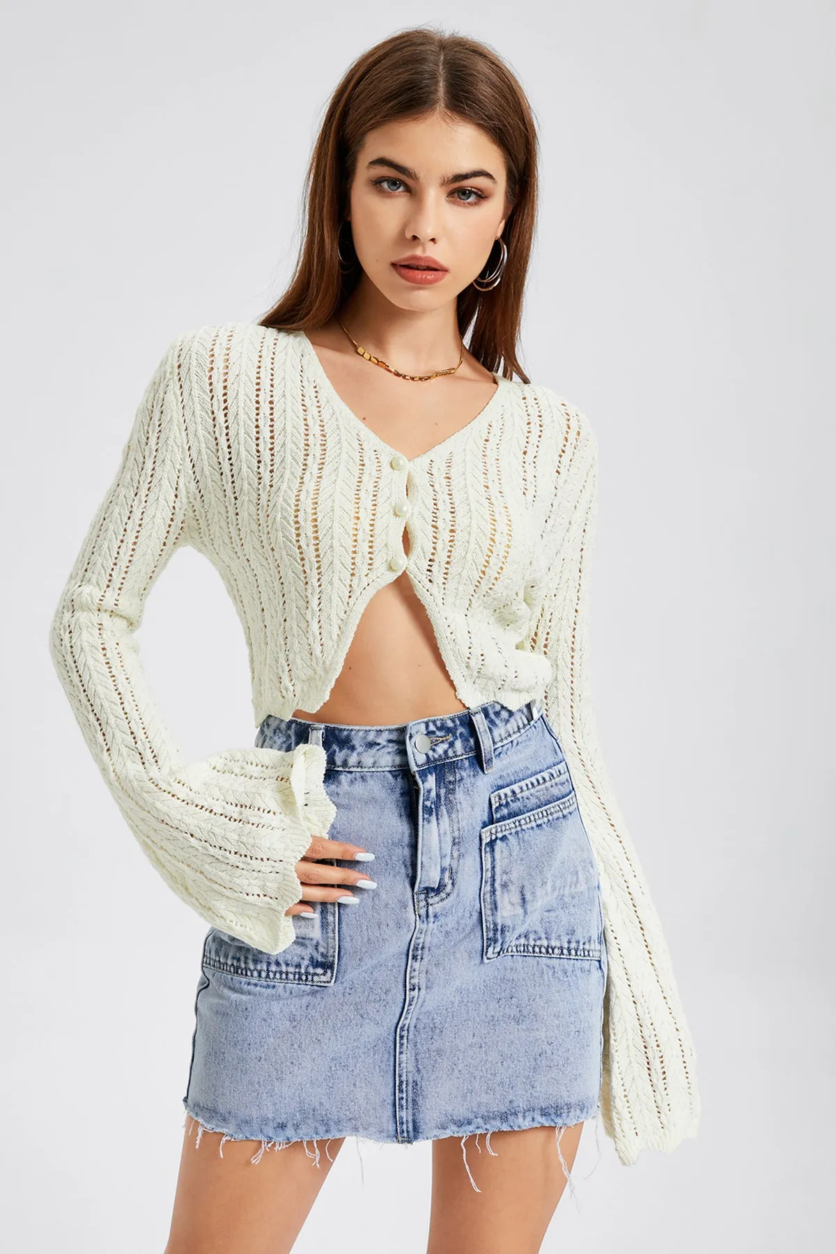 Button Front Scallop Flounce Sleeve Cardigan