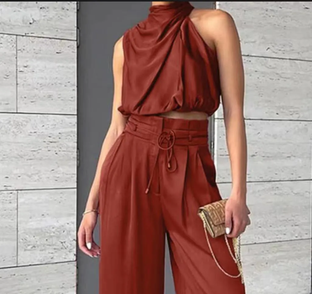 casual sleeveless turtleneck crop top wide leg pants suit