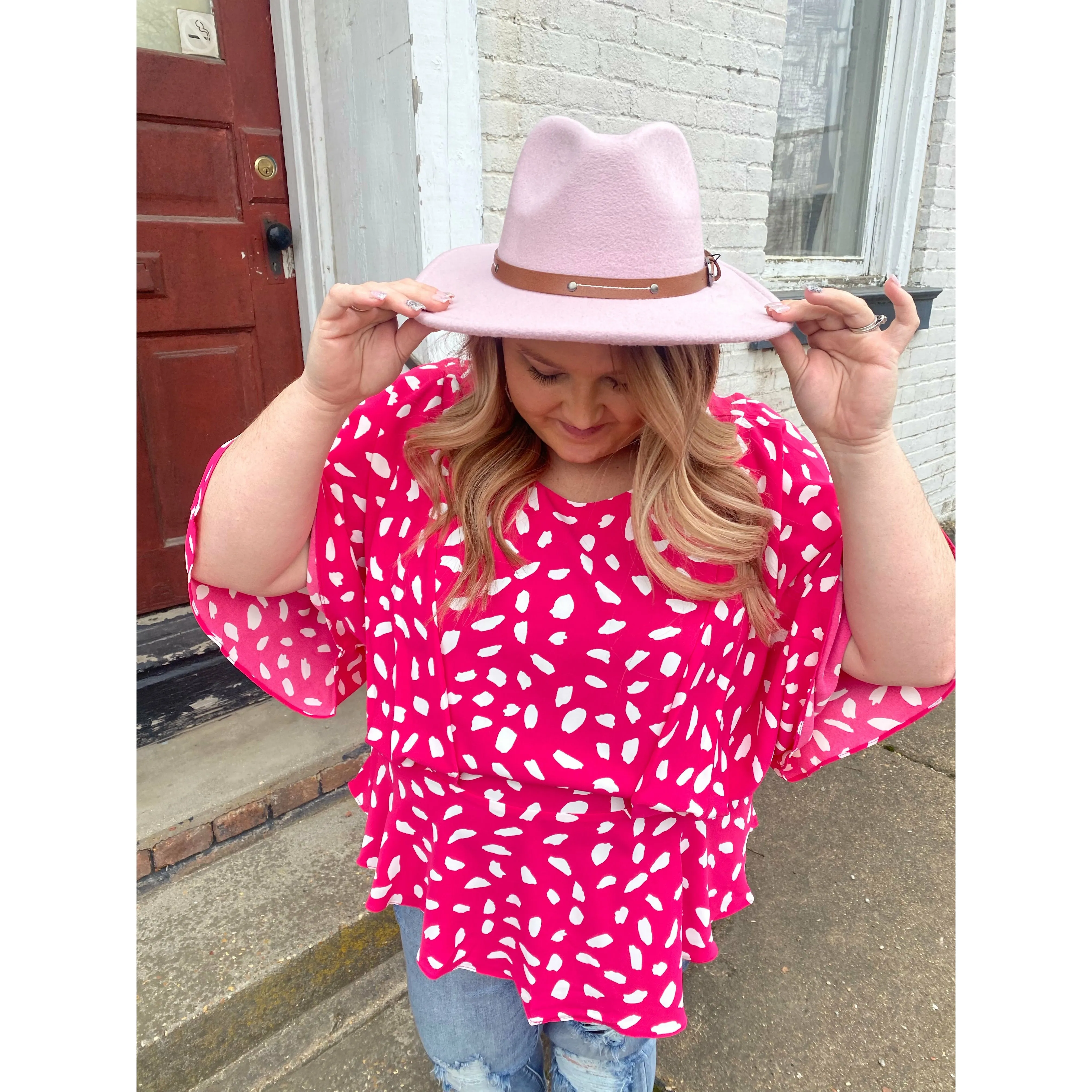 CURVY Pink Dalmatian// Peplum Top