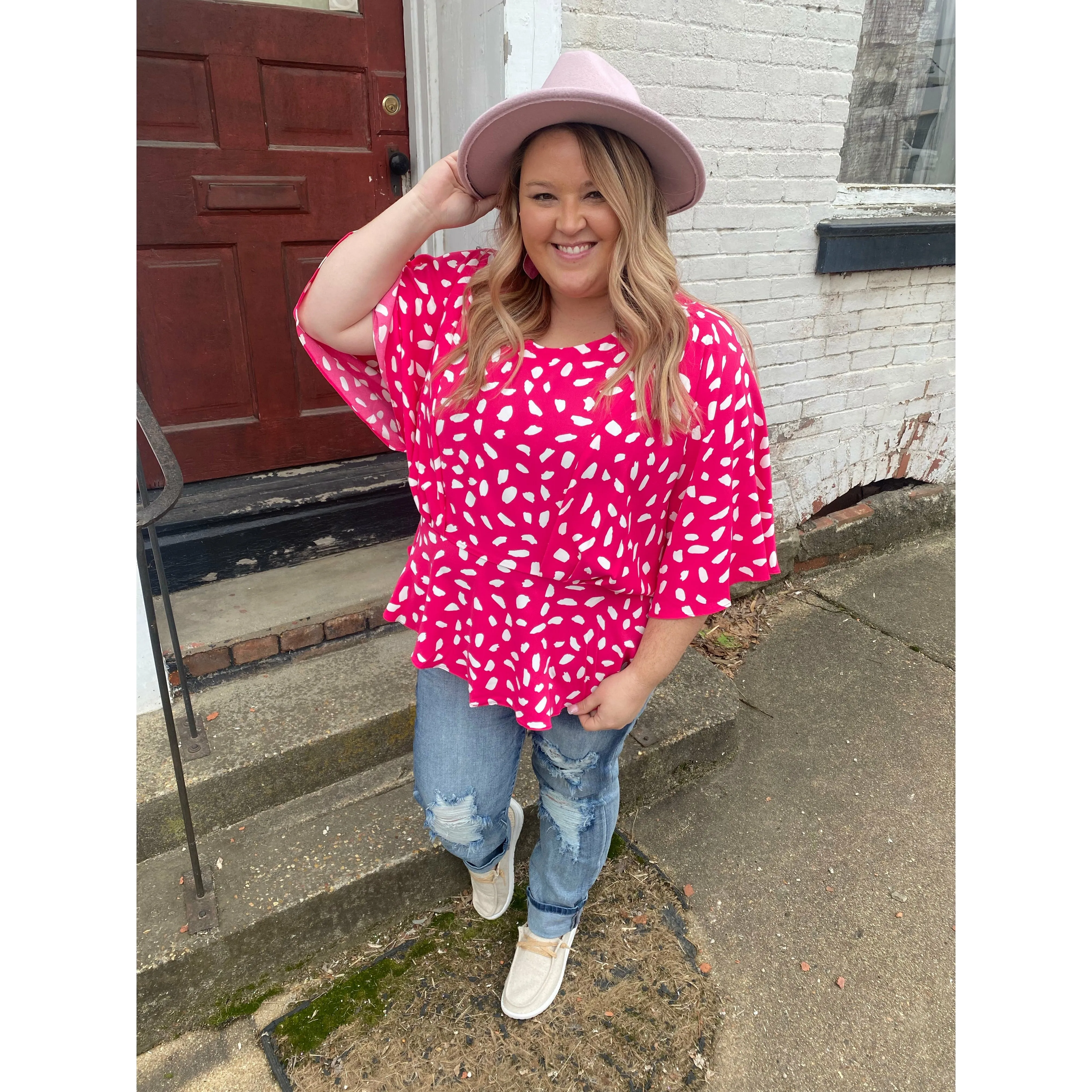 CURVY Pink Dalmatian// Peplum Top