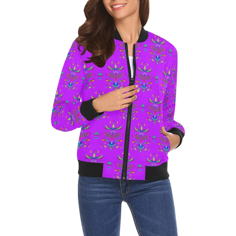 Dakota Damask Purple All Over Print Bomber Jacket for Women