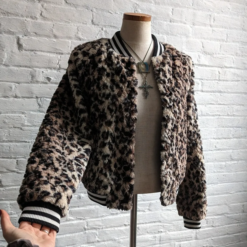 Designer Faux Fur Cheetah Print Bomber Jacket Leopard Furry Fuzzy Preppy Shacket