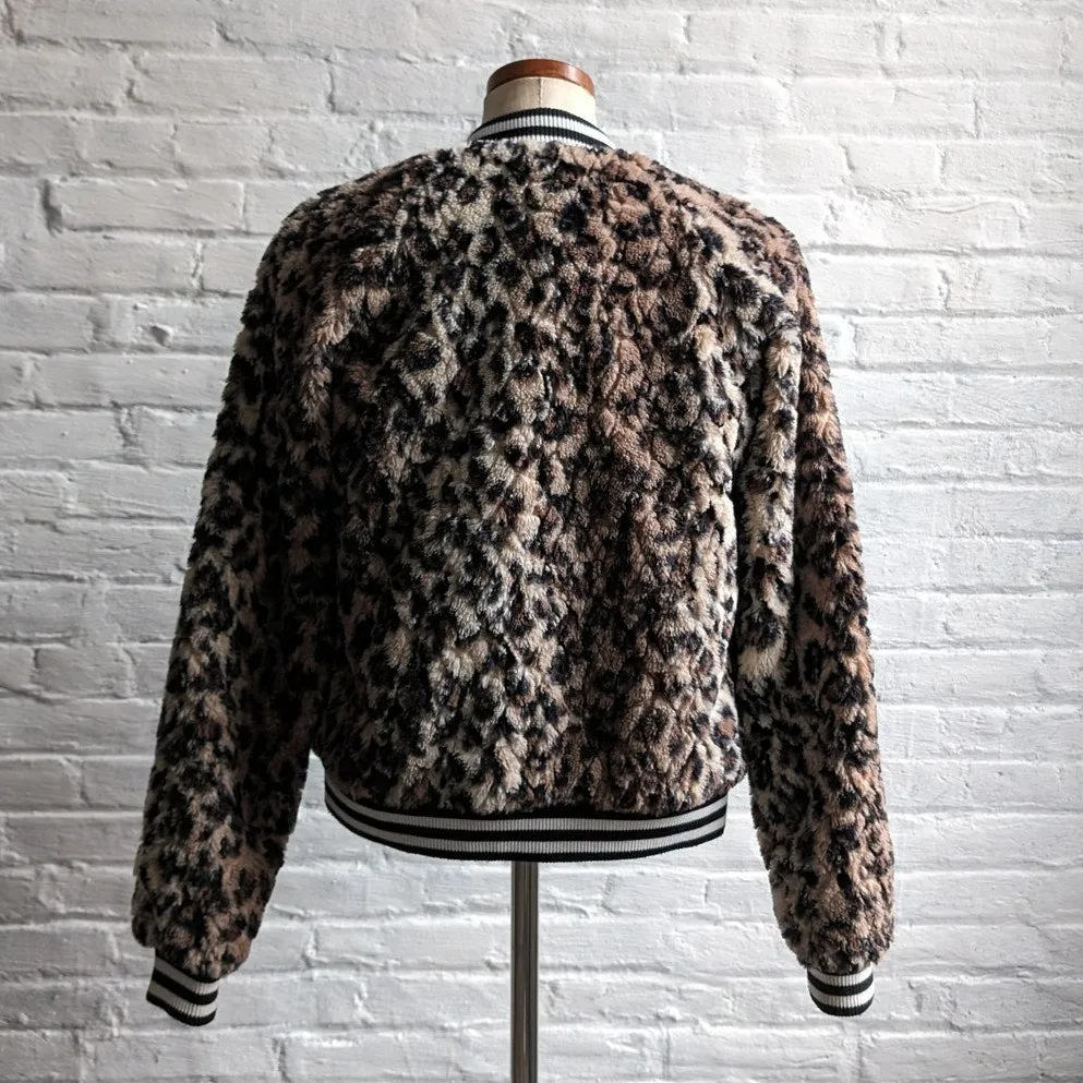 Designer Faux Fur Cheetah Print Bomber Jacket Leopard Furry Fuzzy Preppy Shacket