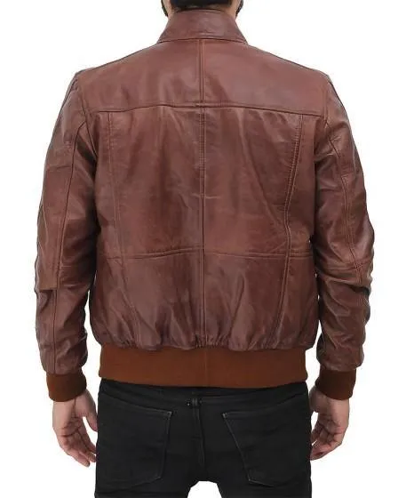 Distressed Brown Lambskin Leather Bomber Jacket for Men