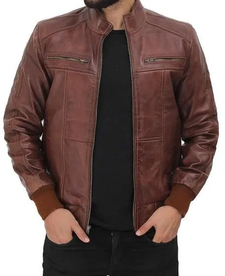 Distressed Brown Lambskin Leather Bomber Jacket for Men