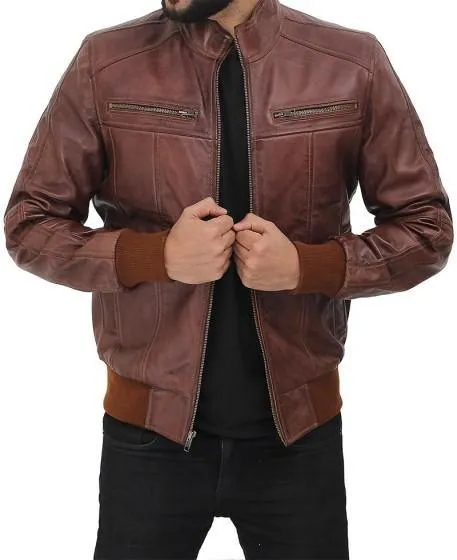 Distressed Brown Lambskin Leather Bomber Jacket for Men