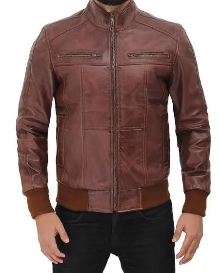 Distressed Brown Lambskin Leather Bomber Jacket for Men