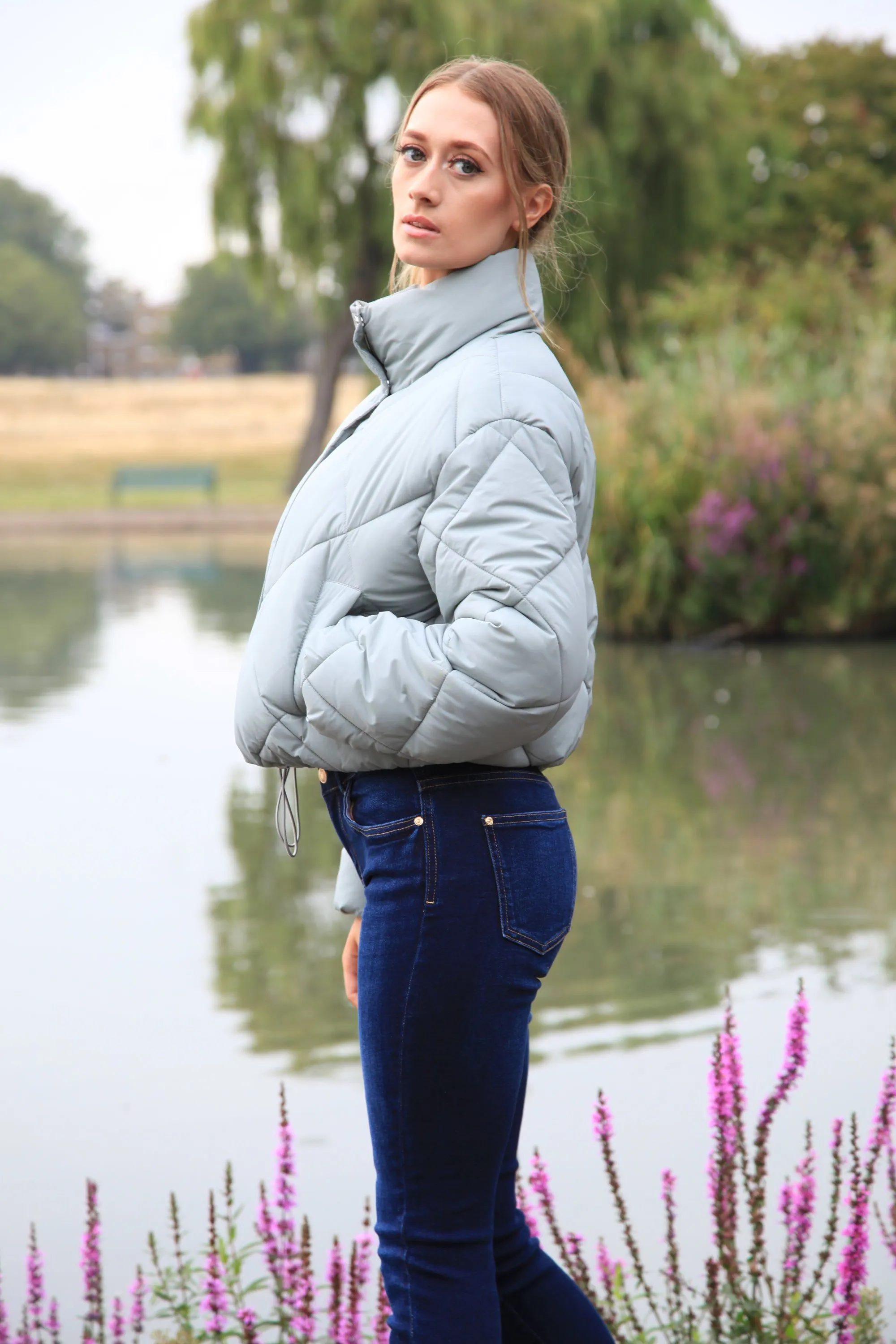 Double Second Sage Quilted Cropped Jacket