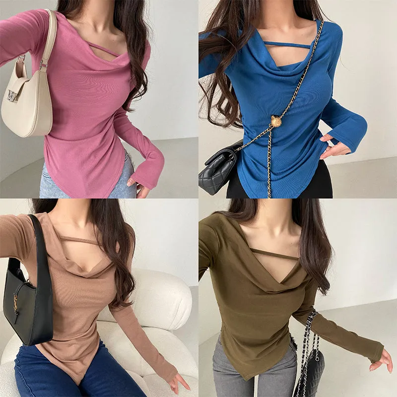 Drue Solid Color String U-Neck Long Sleeve Slim Top