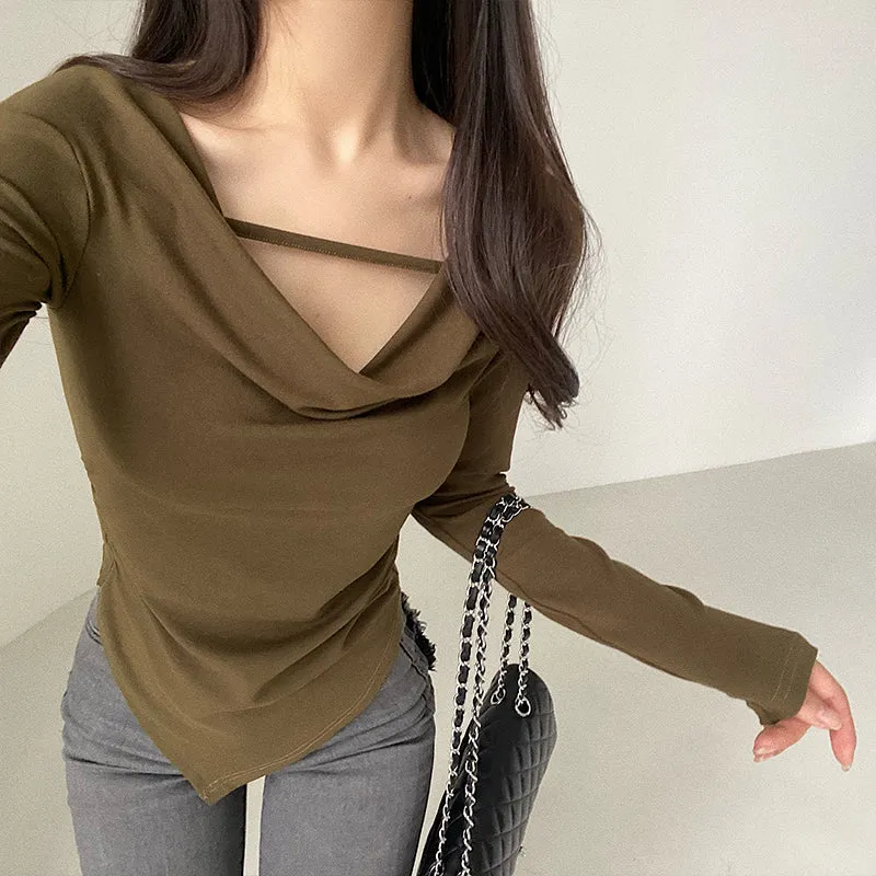 Drue Solid Color String U-Neck Long Sleeve Slim Top