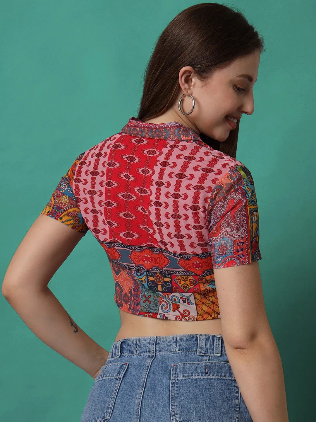 Ethnic Motifs Printed Shirt Style Crop Top