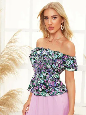 Flounce Off Shoulder Floral Print Peplum Top