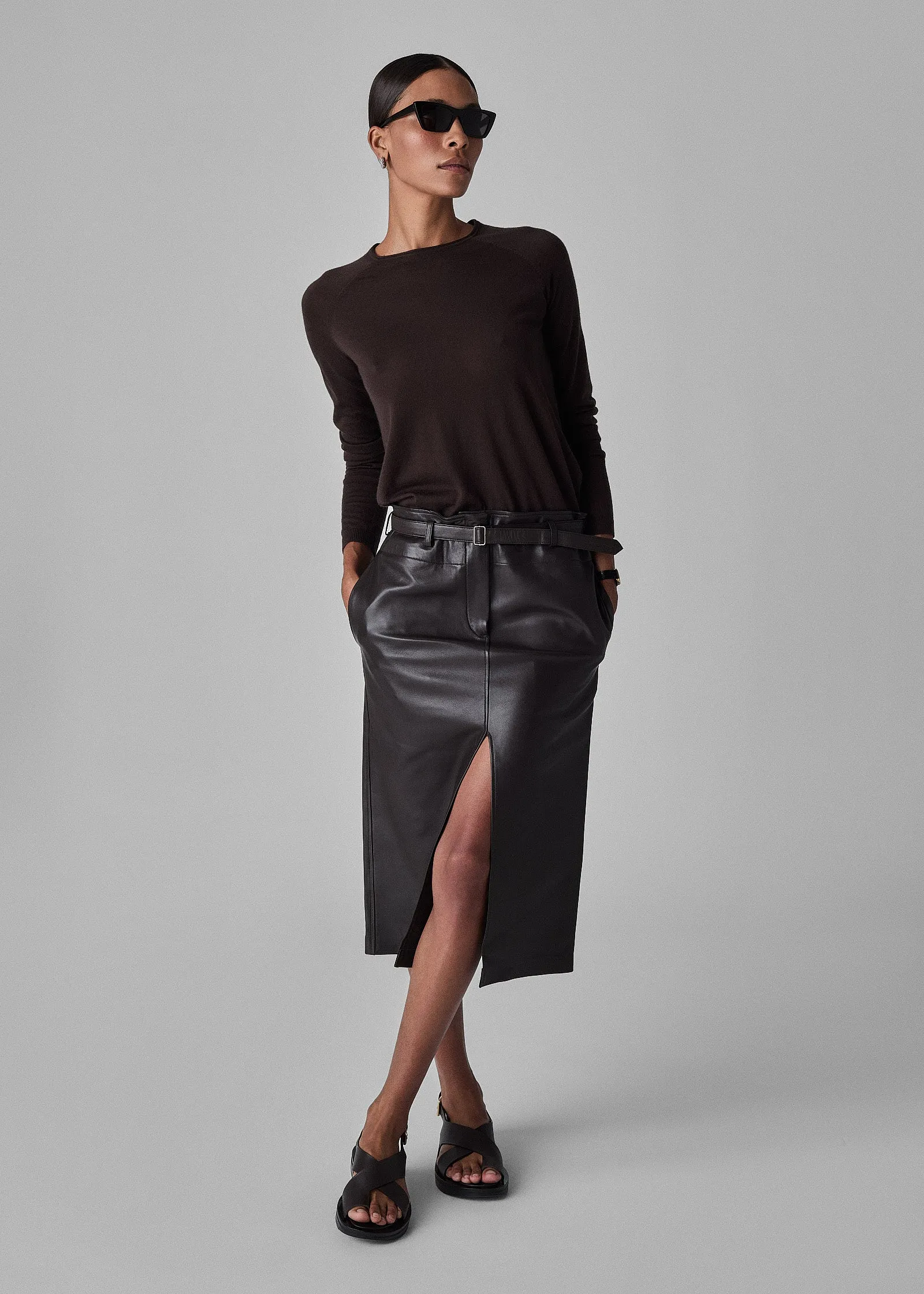 Front Slit Pencil Skirt in Leather