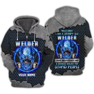 Grumpy Old Welder Skull Fire Metal 3D Sweatshirt Bomber Personalized Name Welder Christmas Shirt