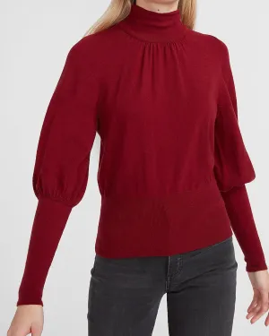 High Ribbed Blouson Sleeve Turtleneck Sweater in Desire Red