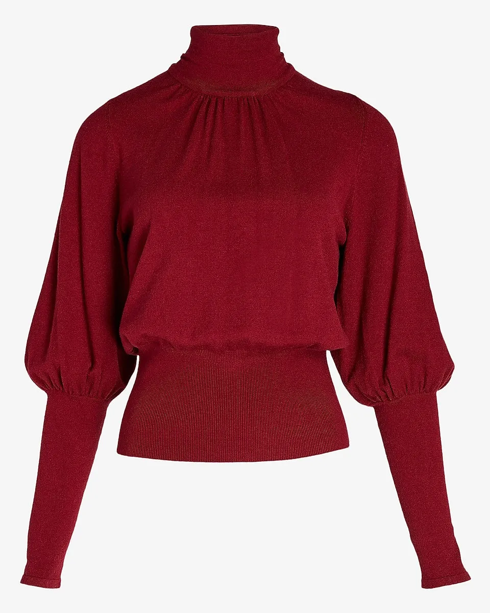 High Ribbed Blouson Sleeve Turtleneck Sweater in Desire Red