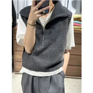 Hnzxzm European Fashion 100% Pure Cashmere Vest Women's Half Zip Turtleneck Pullover Sleeveless Knit Sweater Clip