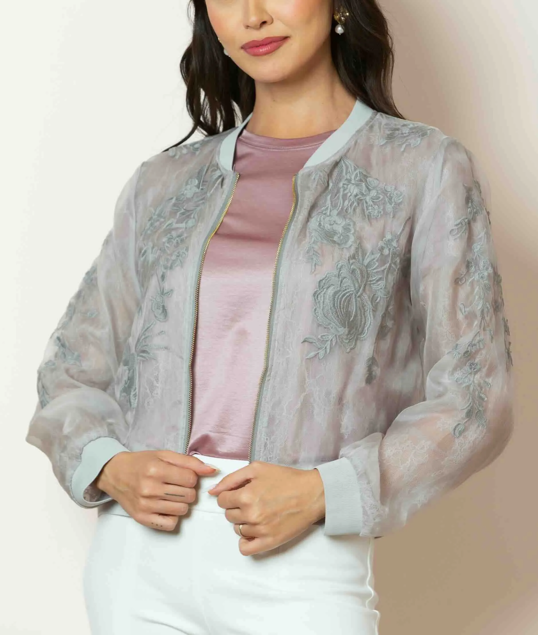 Iris Tulle Lace Combo Bomber Jacket in Grey