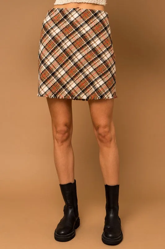 Jeannine Bias Plaid Frayed Hem Mini Skirt