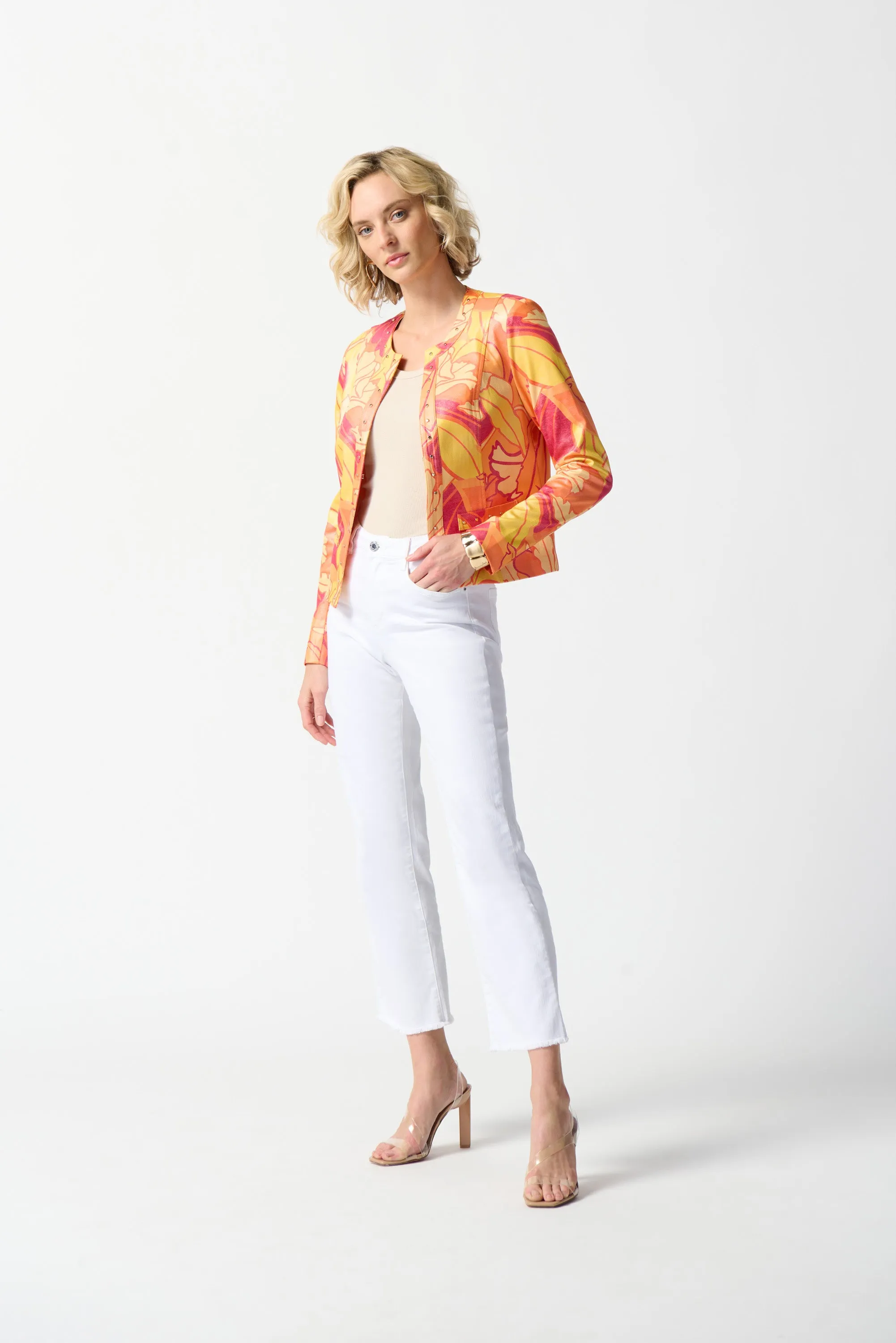 Joseph Ribkoff Sale, 242916 Tropical Print Faux Leather Jacket