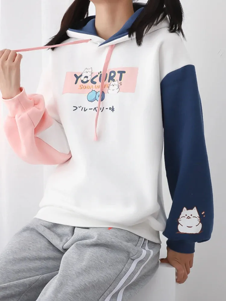 Kawaii Cat Print Women Hoodies Spring Long Sleeve Drawstring Cotton Hooded Sweatshirt Female Harajuku Cute Pullover Tops