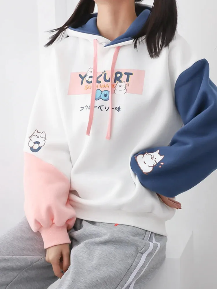 Kawaii Cat Print Women Hoodies Spring Long Sleeve Drawstring Cotton Hooded Sweatshirt Female Harajuku Cute Pullover Tops