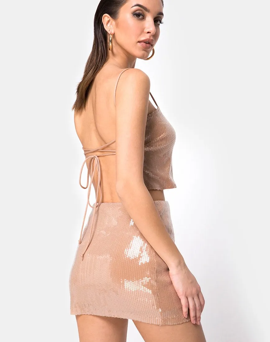 Kimmy Bodycon Skirt in Camel with Clear Sequin