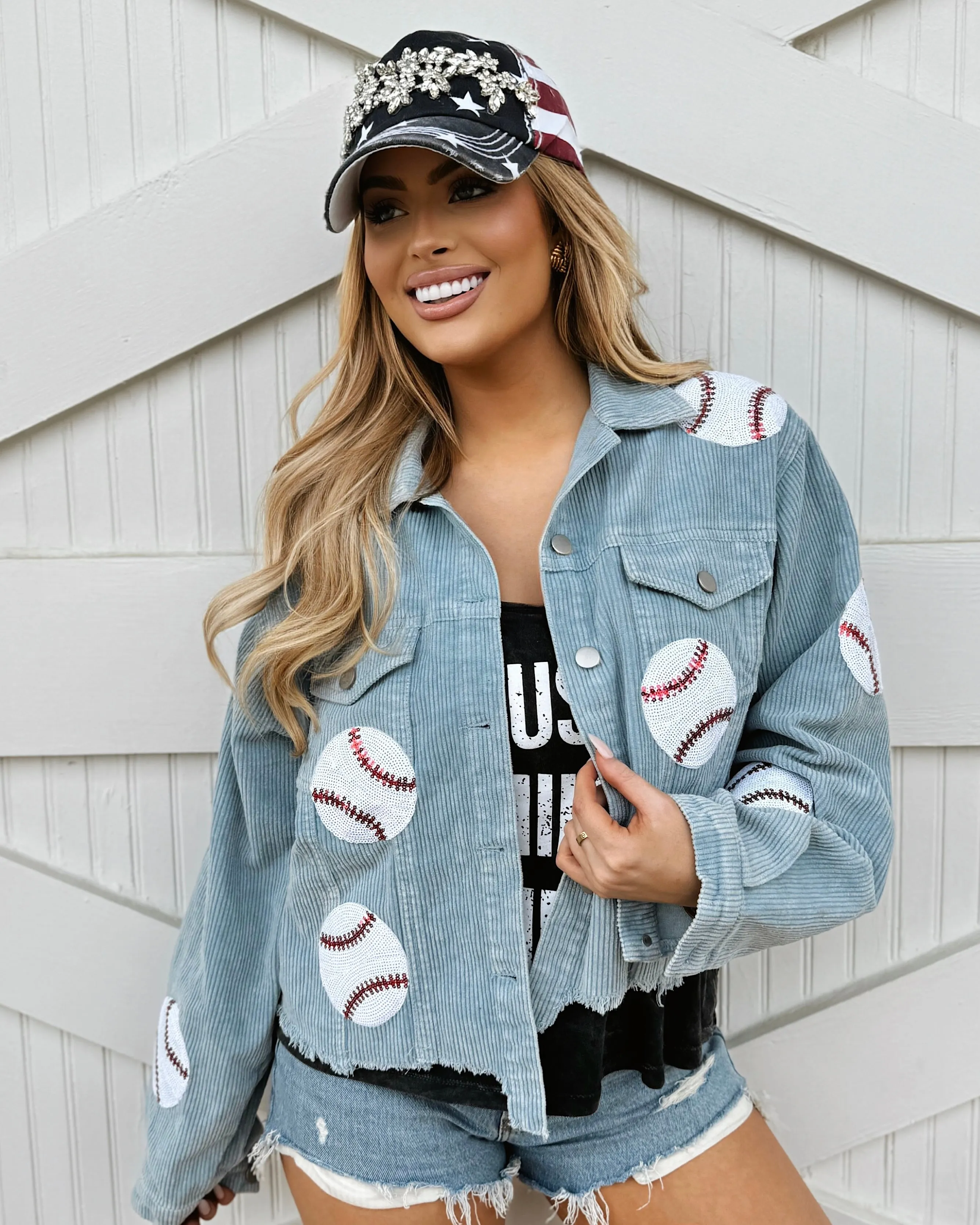 Light Blue Sequin BASEBALL Corduroy Jacket