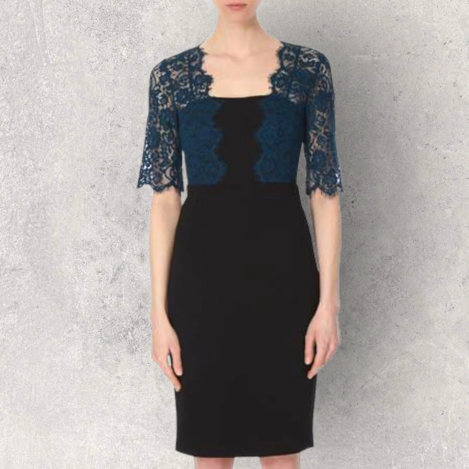 L.K. BENNETT Hou Black, Teal Lace Pencil Dress UK 12 US 8 EU 40