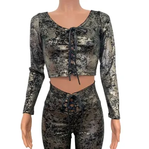 Long Sleeve Lace-Up Crop Top - Gunmetal on Black Gilded Velvet