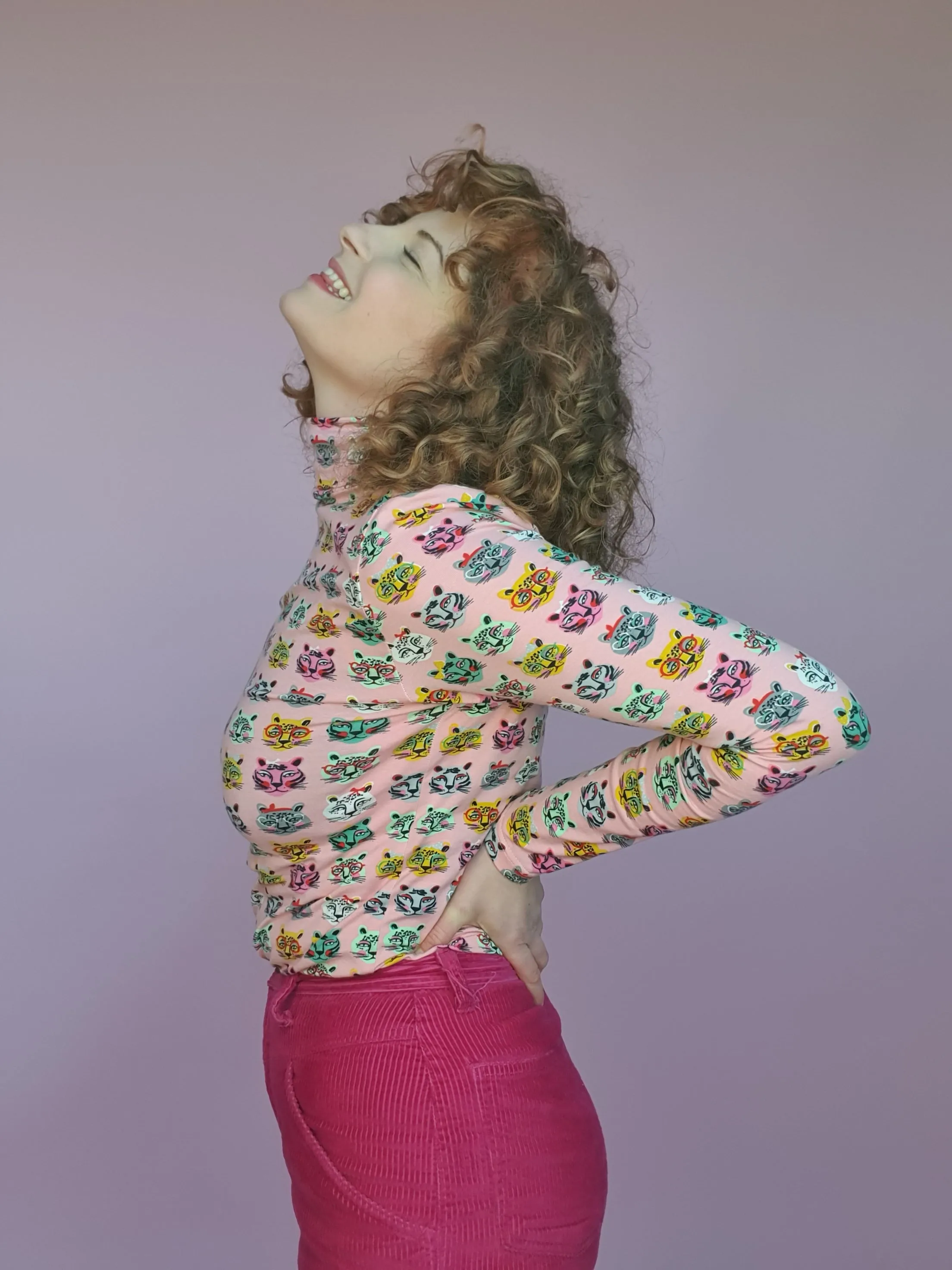 Long Sleeved Turtleneck in Pink Cat Print