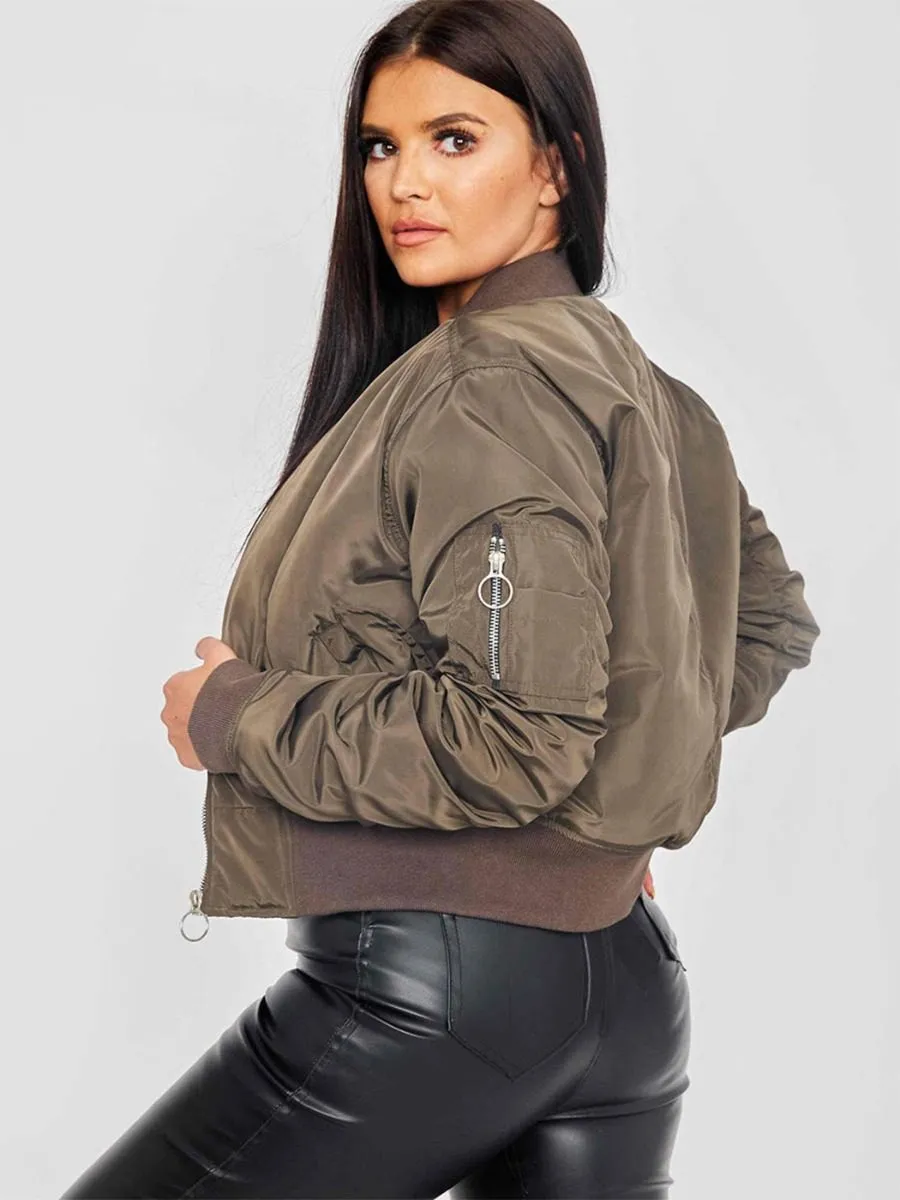 Meg Pull-Ring Zip-Up Bomber Jacket In Khaki