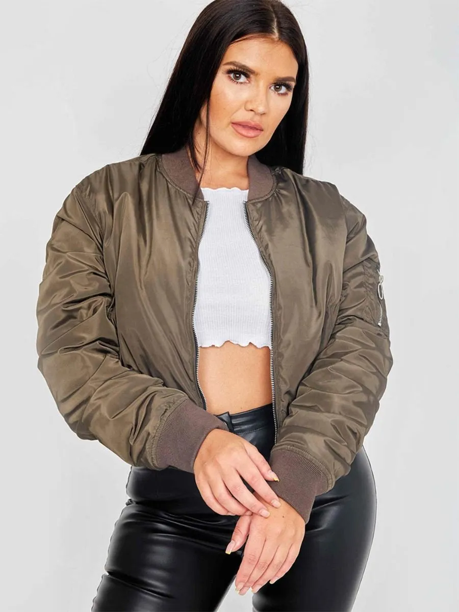 Meg Pull-Ring Zip-Up Bomber Jacket In Khaki