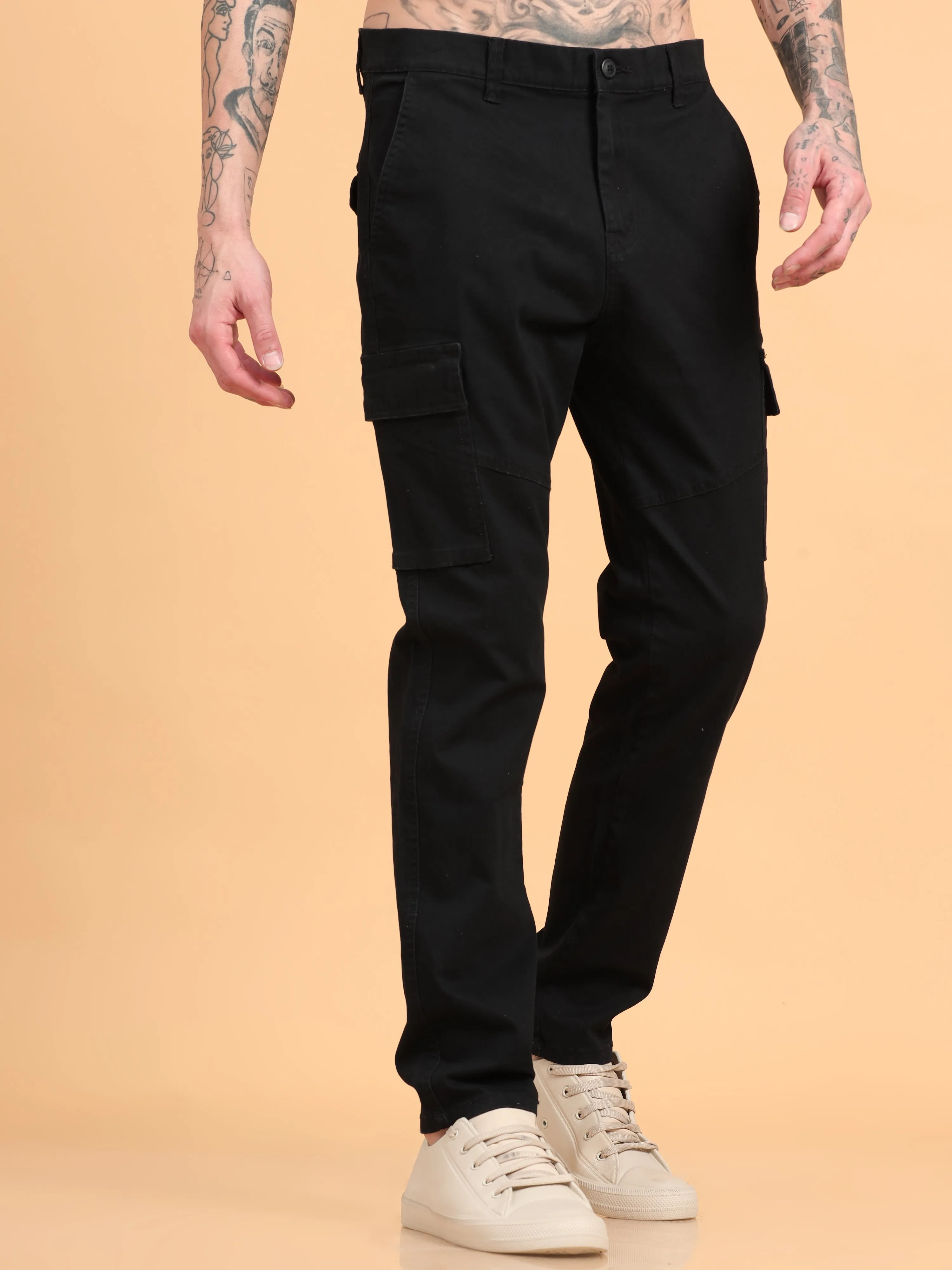 Men 2 Cotton Regular Fit Cargo Trousers, BLACK GRAPHITE GREY