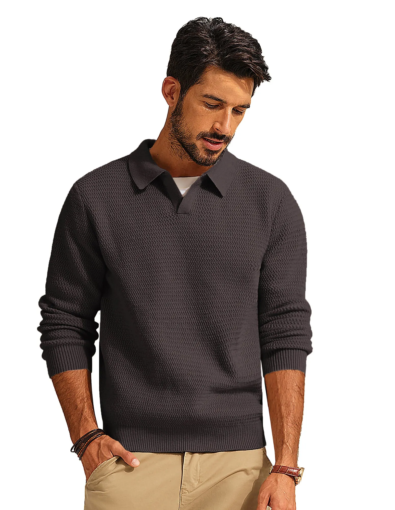 Men Fully Textured Sweater Long Sleeve Lapel Collar V-Neck Pullover Knitwear